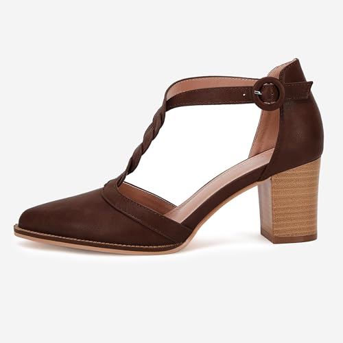 Image of Coutgo Womens Block Chunky Heels T Strap Pointed Toe Work Dress Shoes | Closed Toe Pumps, 2.6-In Stacked Heeled Sandals, Adjustable Ankle Strap, Party Prom, Wedding, Office