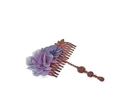 Peigne fleur mauve et perles dorées pour coiffure de cérémonie