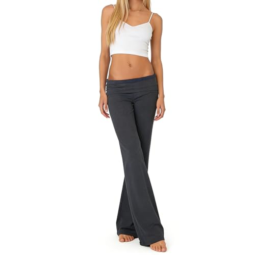 Image of Lounge Yoga Pants for Women Fold Over Low Waist Wide Leg Bell Bottoms | Y2K Foldover Pants, Flare Leggings, Low Rise Yoga Sweatpants