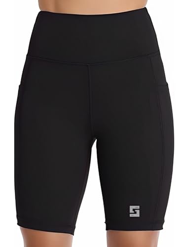 Image of Women's Polyester Stretchable Gym Shorts with Side Pockets High Waist Slim Fit Above Knee Length Activewear Tights Gym Fitness Cycling Running Yoga Shorts for Women