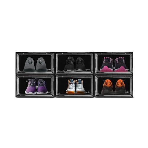 Image of Sneaker Box Black (Pack of 6) | Side-Opening, Heavy-Duty | Stackable Shoe Storage Organizer Crate with Magnetic Closure | Clear Sneaker Display & Dust-Proof Access Container