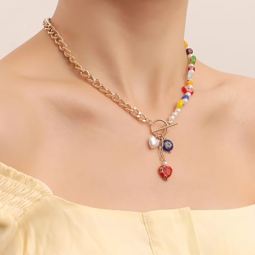 CJIAYUJEW Colorful Gold Chunky Heart Necklace for Women Heart Pendant OT Cuban Chain Necklace Boho Trendy Dainty Cute Heart Choker Necklace3