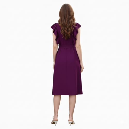Image of Women A-Line Midi Dress | V-Neck Cap Sleeve One Piece Dress with Waist Tie Detail | Knee Length Flowy Dress for Party and Casual Styling