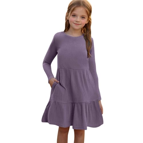 JOAU Girls Long Sleeve Dress with Pockets 2025 Ribbed Knit Casual Crew Neck Knee Length Sweater Dresses Tiered Ruffle Dress