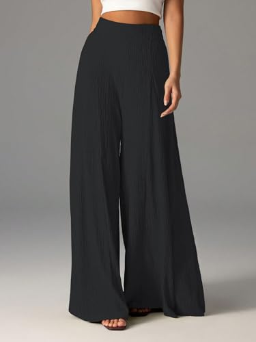 Image of Shasmi Women's Elegant High Waist Wide Leg Pants - Textured Solid Color Loose Fit Long Trousers | Casual Beach & Airport Outfit | Lightweight Flowy Palazzo Style (Trouser 259)