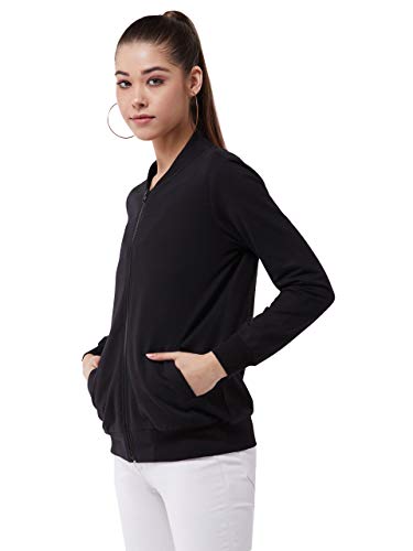 Image of Miss Chase Women's Black V-Neck Full Sleeves Cotton Solid Relaxed Bomber Jacket with Pockets