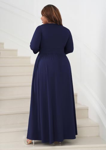 Image of Runwind Plus Size Maxi Dress 3 /4 Sleeve V-Neck Pleated Faux Buttons Pockets