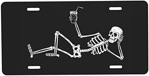 Muishi Resting Skeleton Decorative Car Front License Plate,Vanity Tag,Metal Car Plate,Aluminum Novelty License Plate for Men/Women/Boy/Girls Car 6 X 12 Inch (4 Holes)