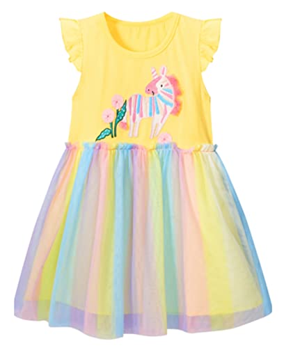 Toddler Girls Summer Dress Ruffle Short Sleeve Cotton Casual Easter Yellow Unicorn Tutu Tulle Party Sundress 2T