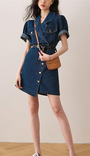 CHARTOU Women Denim Mini Dress Tailored Collar Elastic Waist Irregular A Line Short Jean Dress2
