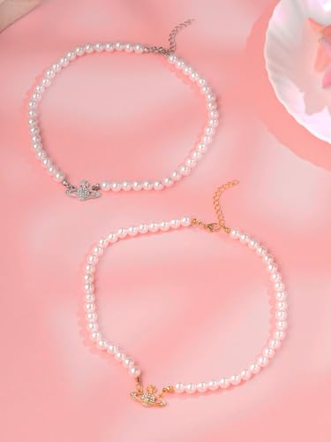 Image of Yellow Chimes Pearl Jewellery Set for Women Set of 2 White Pearl Necklace for Women and Girls