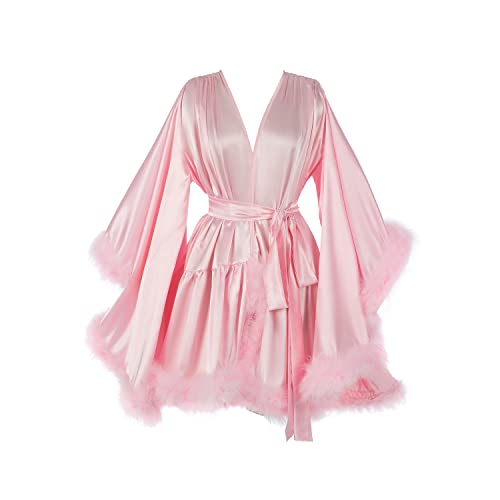 Women's Feather Bridal Robes Silk Satin Bridal Dressing Gown Sexy Illusion Lingerie Sleepwear2