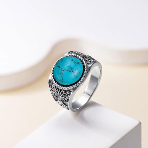 Men's Tree of Life Ring 925 Sterling Silver Round Black Onyx/Turquoise Vintage Band, Spiritual Jewelry for Engagement Wedding Anniversary Father’s Day Gift3