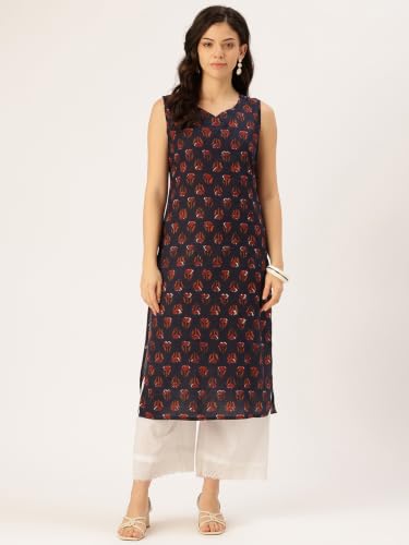 Image of feranoid Women's Pure Cotton Floral Print Straight Kurti | Elegant Curved V-Neck | Sleeveless Calf-Length Ethnic Wear | Comfortable Regular Fit | Sizes XS-XXL