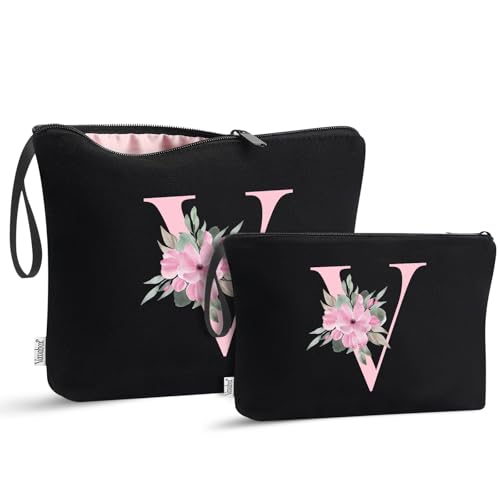Image of Vavabox A-Z Personalized Makeup Bag, Birthday Gifts for Women Mom, Gifts for Best Friend, Bride Bridesmaid Cosmetic bag (V, 04-Black Set)