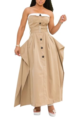 LETSVDO Women Elegant Strapless Maxi Dress Patchwork Color Block Breasted Belted Corset Tube Dresses(for Evening,Party)