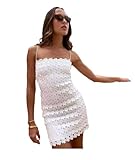 Hykytyhk Women's Lace Short Bodycon Dresses Spaghetti Straps Cocktail Party Mini Dress White Small