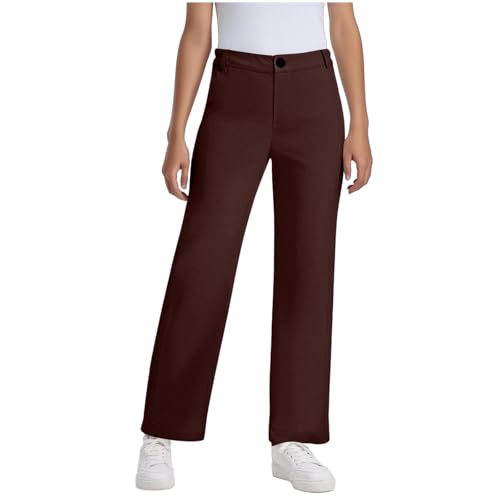 Girls School Uniform Chino Pants High Waist Pull On Stretchy Twill Pants Kids Casual Wide Leg Flare Dress Trousers Coffee