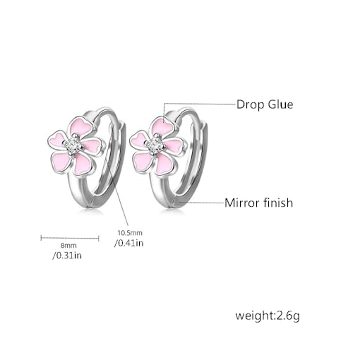 Tiny Cute Pink Flower CZ Small Hoop for Women Girls Teens Dainty Silver Plated Enamel Daisy Flowers Mini Cartilage Huggie Hoops Hypoallergenic Sleeper Hooped Fashion Jewelry Gifts Her2