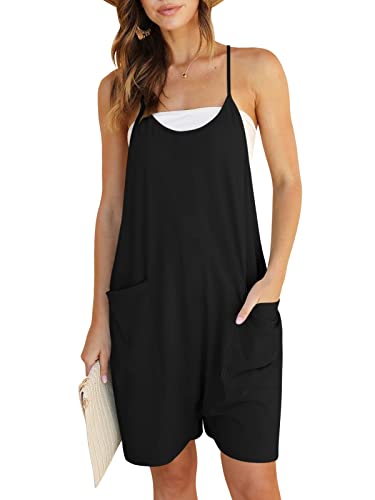 Deep Self Women Summer Loose Black Sleeveless Rompers For Women Casual Adjustable Spaghetti Strap V Neck Shorts Jumpsuits With Pockets #TOP23