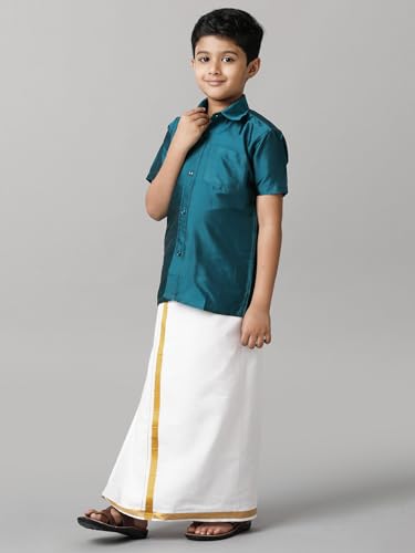 Image of RAMRAJ COTTON Boys Silk Cotton Shirt With Adjustable Cream Dhoti Perfect For Ceremonies| Festivals| And Special Occasions
