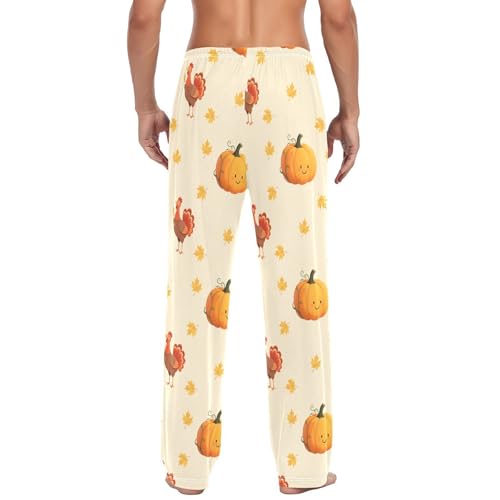 Autumn Fall Thanksgiving Pumpkin Yellow Men's Pajama Pants Cotton Sleep Bottoms with Drawstring A23044982
