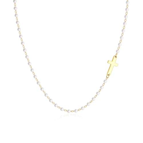 Tewiky Dainty Cross Necklace for Women, 14K Gold Plated Simple Cross Choker Necklaces Small Cross Pendant Tiny Cute Necklaces Handmade Aesthetic Gold Jewelry for Women, Gold Plated, Cubic Zirconia