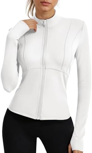 Fisoew Womens Long Sleeve Workout Jackets Zip Up UPF 50+ Lightweight Slim Athletic Running Hiking Gym Shirts Tops