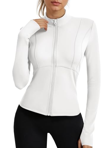 Fisoew Womens Long Sleeve Workout Jackets Zip Up UPF 50+ Lightweight Slim Athletic Running Hiking Gym Shirts Tops