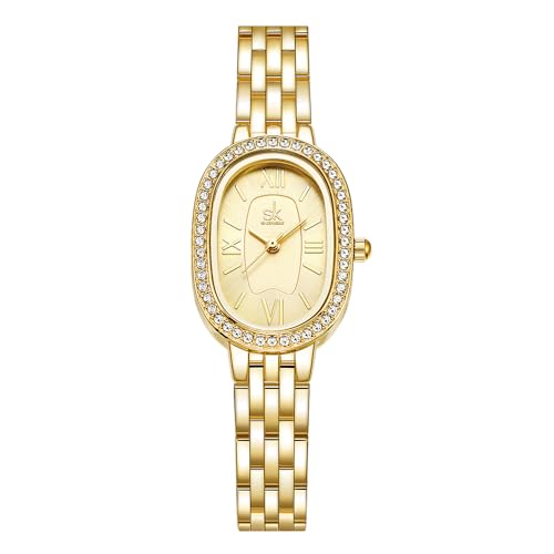 SHENGKE SK Women’s Oval-Shaped Crystal-Accented Solid Alloy Steel Bracelet Watch (Gold)