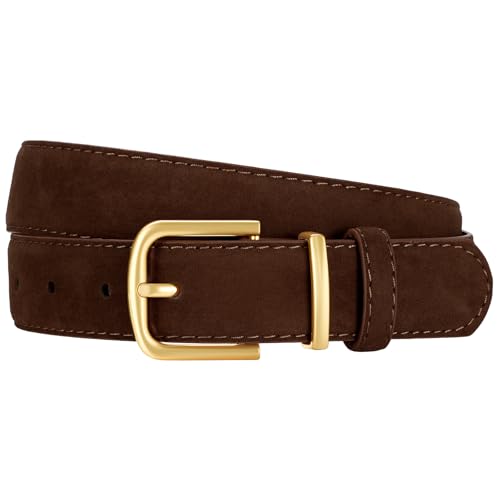 Image of VONMELLI Women Coffee Suede Leather Belt for Jeans Dress with Fashion Gold Buckle Ladies Waist Belts, M