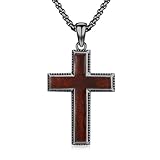 REDSUN Cadena de cruz de madera S925, plata de ley grande, colgante de ébano, amuleto protector para hombres, mujeres, 22 + 2 pulgadas, cadena de acero inoxidable, 37*26.5mm, Plata esterlina, Ébano