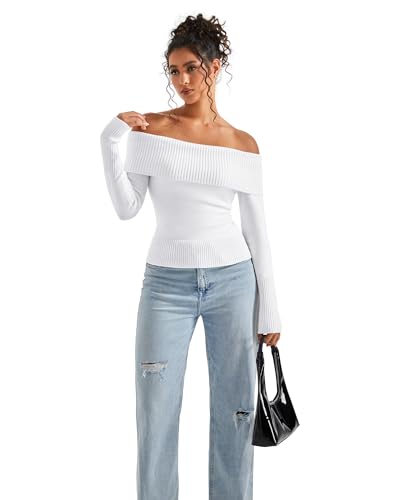 Image of SUUKSESS Women Off Shoulder Sweaters Long Sleeve Ribbed Knit Going Out Fall Tops Blouse