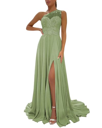 Image of LANGKAAO One Shoulder Lace Bridesmaid Dresses Long for Wedding A-Line Chiffon Slit Formal Party Gown with Pockets