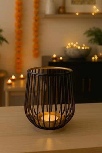 Image of The Purple Tree Decorative Metal Candle Holder for Home Decor - Modern Black & Gold Tealight Holder for Table Centerpiece | Diwali, Festive & Everyday Use | Elegant Iron Cage Votive Holder