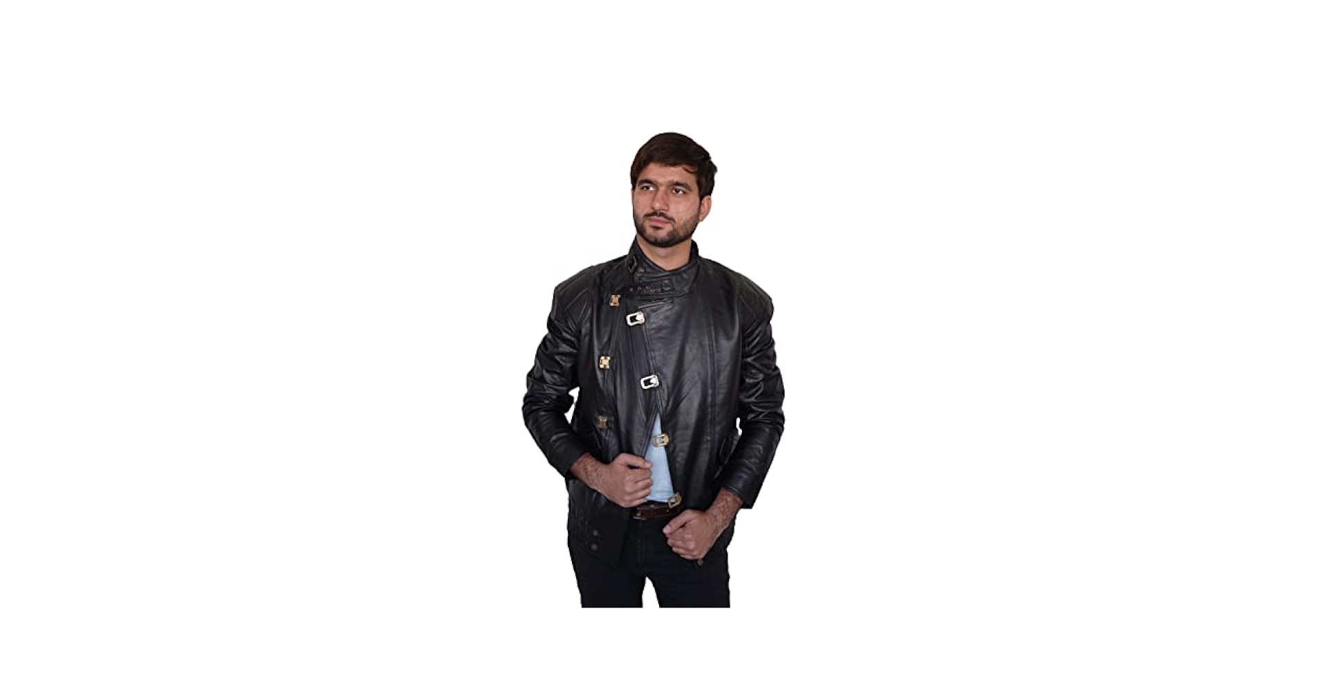 leather collar work jacket Lサイズ Mens PU Leather Zipper Jacket - Spliced Work Collar, Solid