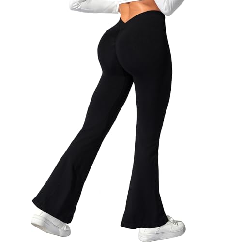 womens scrunch flare leggings v back high waisted yoga pants tummy control bell bottom leggings