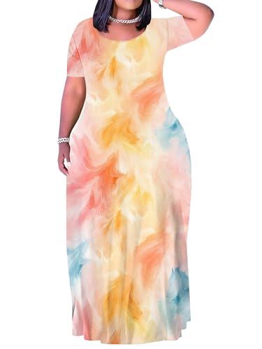 SUZONANA Plus Size Maxi Dresses for Curvy Women Tshirt Summer Dress Short Sleeve Oversized Tie Dye Casual Outfits Resort Wear