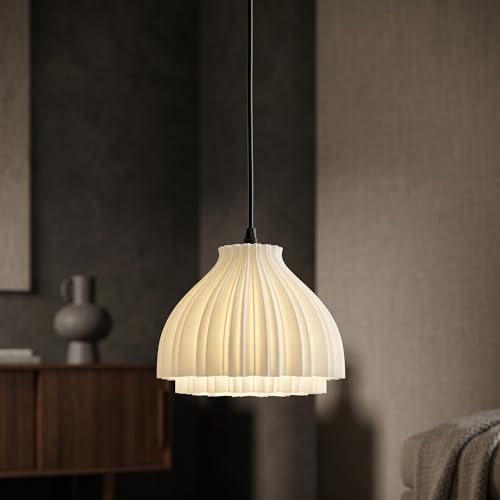 Image of Pendant Lamp 3D Printed for Home Decoration | Hanging Ceiling Light for Bedroom, Living Room, Dining Space | Stylish Modern Lamp for Ambient Lighting and Interior Design (White)