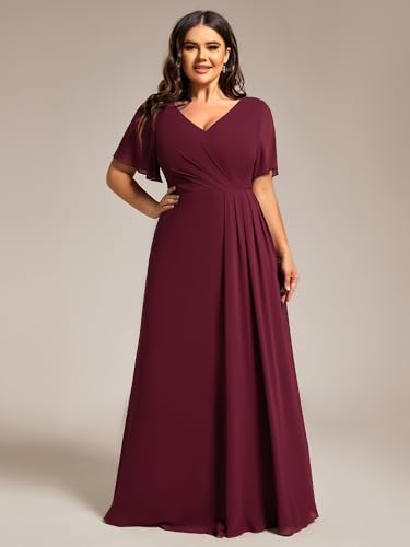 Ever-Pretty Plus Women's V Neck Chiffon Ruched Ruffles Sleeves Side Slit Floor Length Plus Size Bridesmaid Dresses S0050-DA4