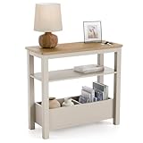 CHRISTOW Slim Console Table with Oak-Effect Top, Middle Shelf & 2 Storage Compartments, Side Table for Sofa, Living Room, Hallway & Small Spaces, Sturdy MDF, Pebble Finish, H60cm x W65cm x D28cm