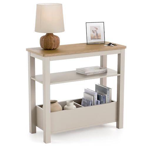 CHRISTOW Slim Console Table with Oak-Effect Top, Middle Shelf & 2 Storage Compartments, Side Table for Sofa, Living Room, Hallway & Small Spaces, Sturdy MDF, Pebble Finish, H60cm x W65cm x D28cm