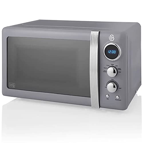 Swan Retro SM22030GRNEU Digital Mikrowelle 20L, 5 Leistungsstufen, Auftaufunktion, 60 Minuten Timer, Tür mit Spiegeleffekt, 27cm Drehteller, Vintage Design, Grau, 800W