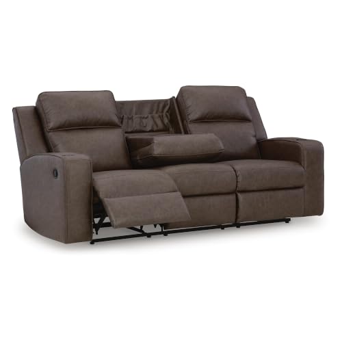 Image of Signature Design by Ashley Lavenhorne Faux Leather Manual Reclining Sofa | Heavyweight padded faux leather couch, Drop down table with 4 cup holders and USB ports, 3-in wall hugger design