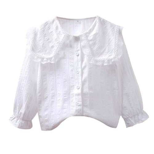 Blusas de manga larga para niñas con volantes elegantes y camisas abotonadas para la escuela Tops de fiesta para niños, Blanco, 11-12 años