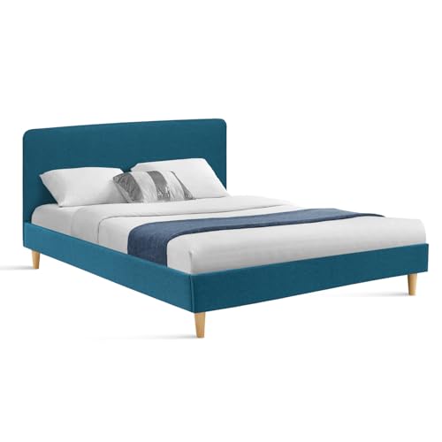 IDMarket - Lit Double scandinave Balta avec tête de lit et sommier 160 x 200 cm Tissu Bleu Canard