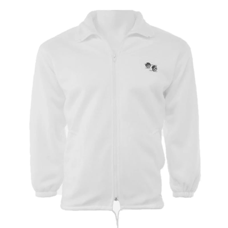 – Unisex Polar Fleece Bowling Jacket White Lawn Bowls Fleece Lined Zip Up Sports Jacket with Elastic Cuffs Side Zip Pockets and Embroidered Logo – Warm Outdoor Bowls Clothing