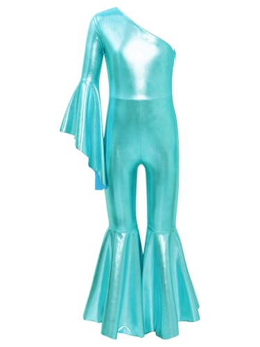 inlzdz Girls One Piece Dance Jumpsuit Metallic One Shoulder Flare Sleeve Bell-bottom Full Body Unitard Gymnastics Leotard Blue Green 5-6 Years