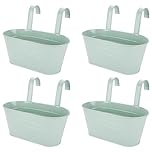 APACALI 4 PCS Metal Hanging Flower Pots, 27cm Over Fence Planters, Balcony Planters for Railing, Fence Hanging Planter with Detachable Hooks, Hanging Plant Pots Outdoor for Fence, Garden, Home, Green