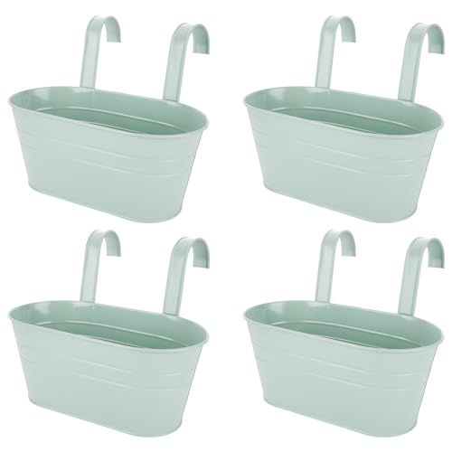 APACALI 4 PCS Metal Hanging Flower Pots, 27cm Over Fence Planters, Balcony Planters for Railing, Fence Hanging Planter with Detachable Hooks, Hanging Plant Pots Outdoor for Fence, Garden, Home, Green